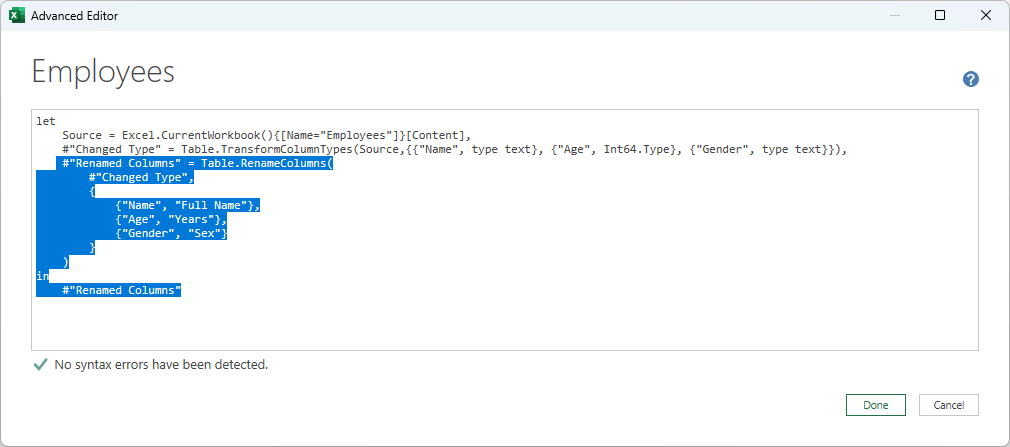 Add the table.renamecolumns formula in the advanced editor