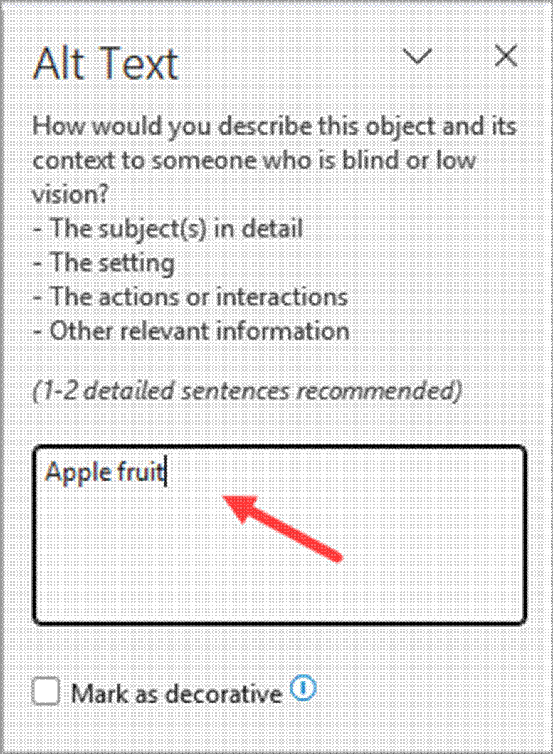 Enter the alt text in the dialog box.