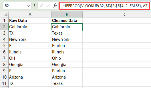 VLOOKUP formula to do bulk find and replace in case you do not have XLOOKUP function. 