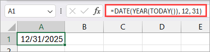 End of year date formula in Excel.