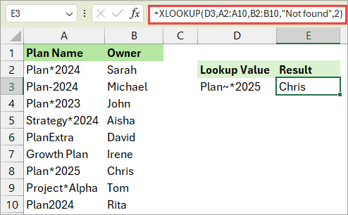 XLOOKUP formula to look up the plan with wildcard character and get the result name of the owner.