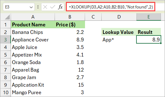 XLOOKUP formula with wildcard to get the price.