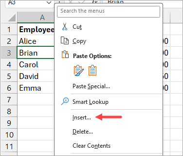 Click on the 'Insert' option after right-clicking on the cells.