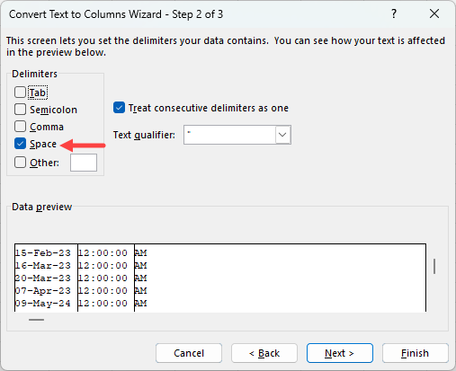 Use space as the delimiter in the Convert text to columns wizard, step 2 of 3.