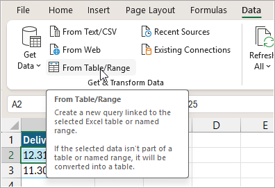 Click on the 'From Table Range' option for Power Query.