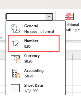 Select the number format to apply on the selected cells.