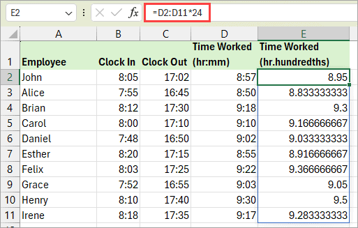 Formula to convert minutes to hours in Excel.
