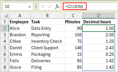 Enter the formula in the cells to convert minutes to hundreds.