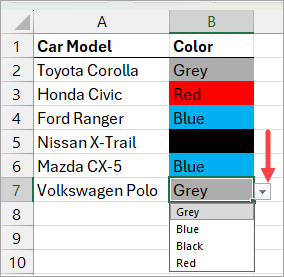 The drop-down list now has colors.