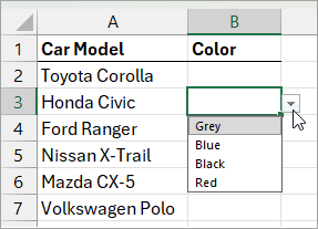 The drop-down list is now available in the cells