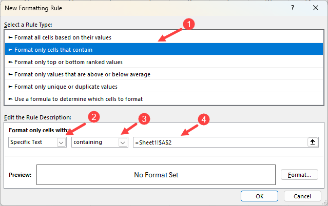 Specify the details in the new formatting rules option within the conditional formatting options.