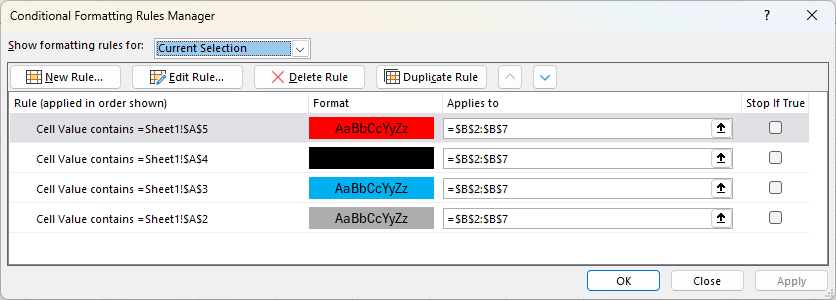 Edit the rules that you want to change for the colors in the drop-down list.