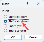 Select the option 'Shift cells down.'