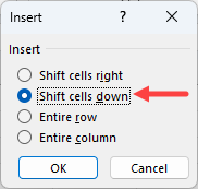 Select the 'Shift cells down' option.