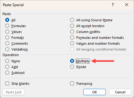 Select Multiply and Paste Special dialog box.