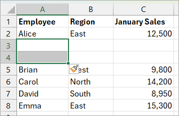 Two additional rows are added, and the remaining data is pushed down.