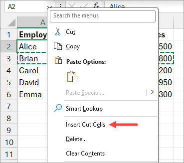 Click on the 'Insert Cut Cells' option.