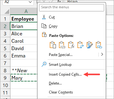 Click on the "Insert Copied Cells" option.