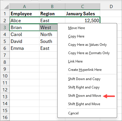 Click on the 'Shift Down' and Move option.