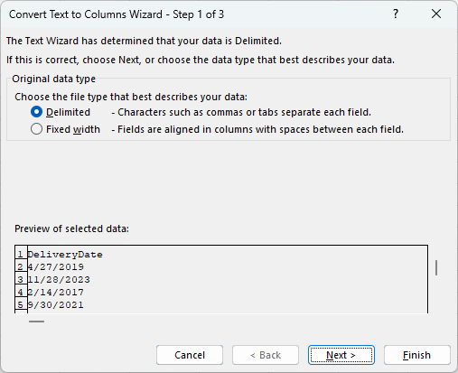 Select the Delimited option in Convert Text to Columns Wizard, step one of three.