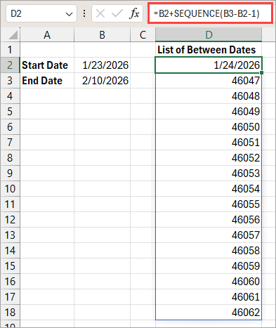 Sequence function to generate dates between start date and end date.