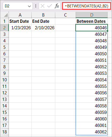 Using the Between Dates function to generate all dates between two dates.