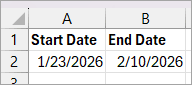Start date and end date data.