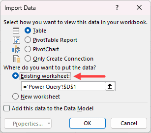 Select existing worksheet in the Import Data dialog box in Excel Power Query.