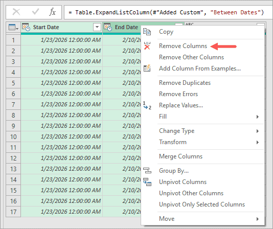Remove the start date and the end date column.