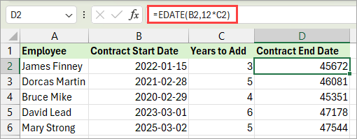 EDATE formula to add years to date in Excel.