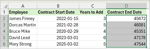EDATE result after adding years to date in Excel.