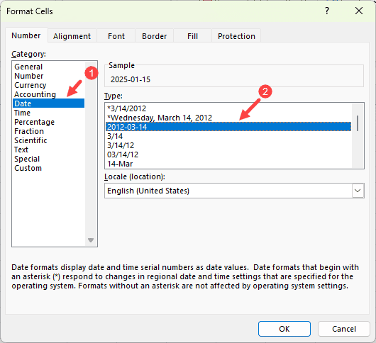 Change the formatting of the cells with dates.