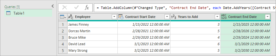 A new column is added with the new date result.
