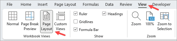 click on page layout icon