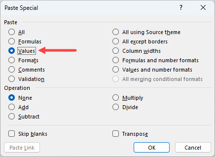 Click on the 'Values' option in the Paste Special dialog box.
