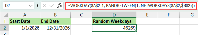 Formula to generate random weekdays only.