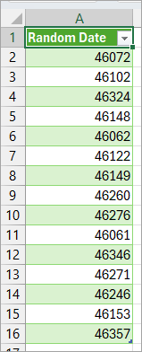 Random dates are loaded into Excel.
