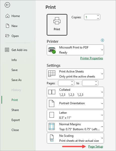 print backstage panel excel