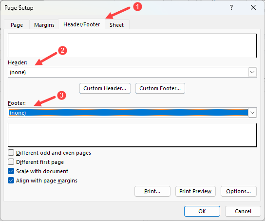 Page setup dialog box