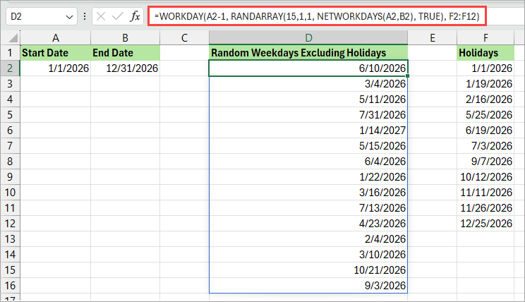 Generate Random Weekdays Excluding Holidays