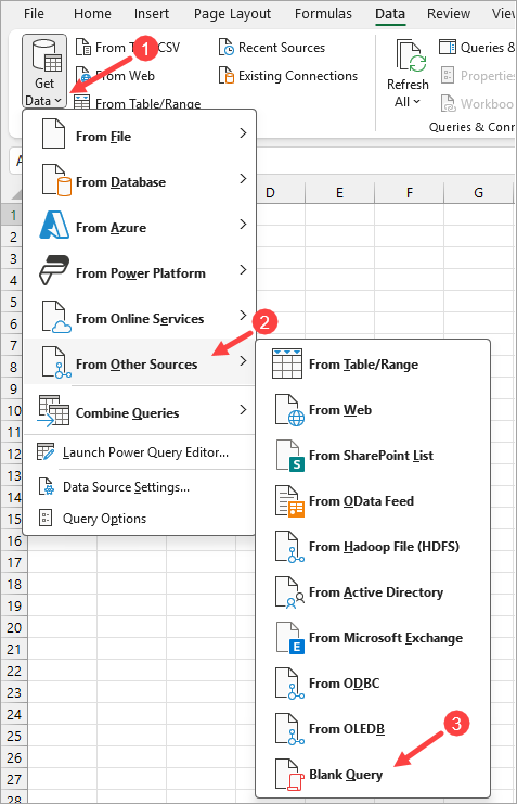 Open a blank query in Power Query.