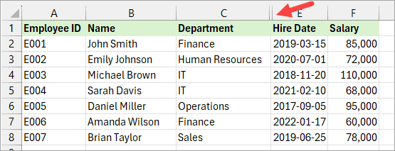Dataset with hidden column.