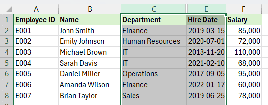 Select the columns that have empty hidden columns.