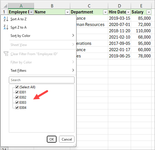 Filter does not show below the hidden data.