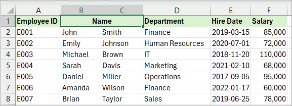 Dataset with merged cells.