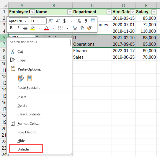 Select the row header and unhide.