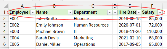 Filter appears in all the columns.