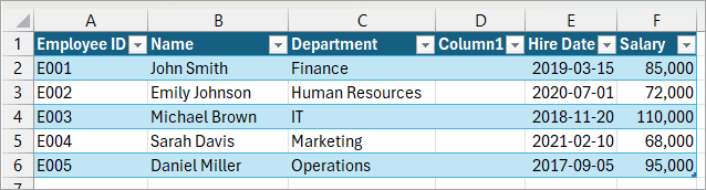 Convert data into an Excel table.