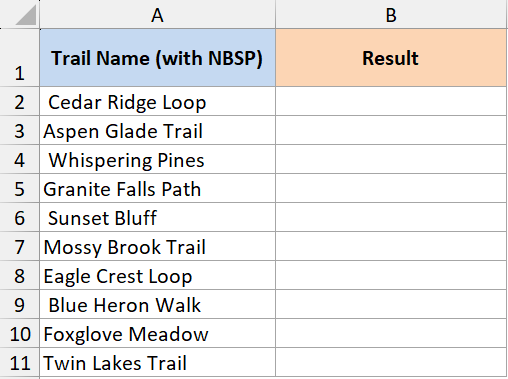 Spreadsheet column showing trail names containing non-breaking space characters compared to an empty result column