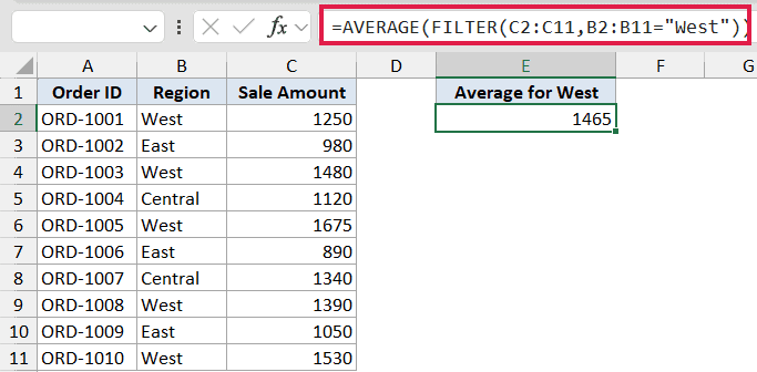 Excel formula bar showing AVERAGE and FILTER functions to calculate the average sale amount for the West region